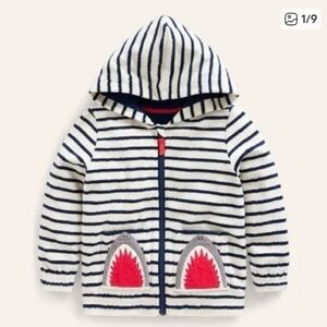 Mini Boden Navy and White Striped Hoodie with Shark Pockets 7-8